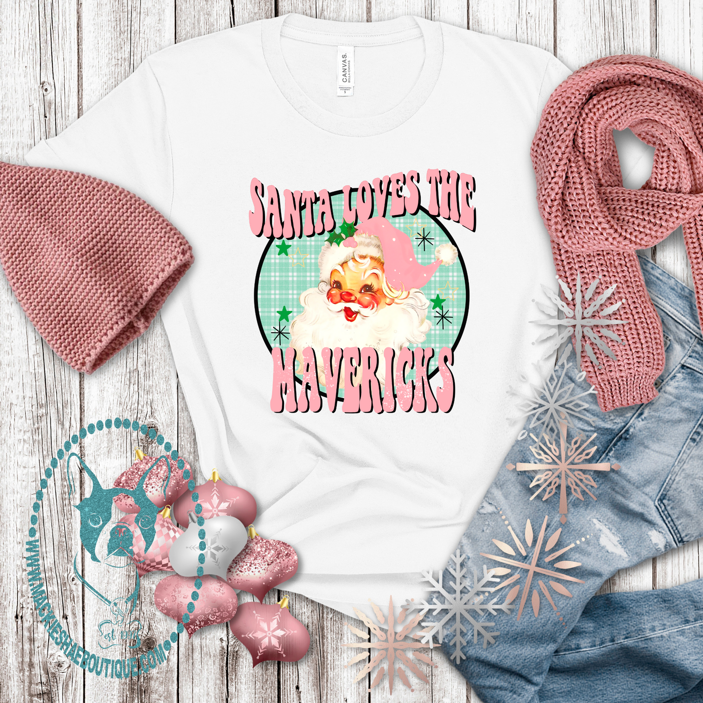 Santa Loves the Mavericks (PINK) Custom Shirt for Youth and Adults, Soft Tee & Crewneck Sweatshirt (Get Any Team)