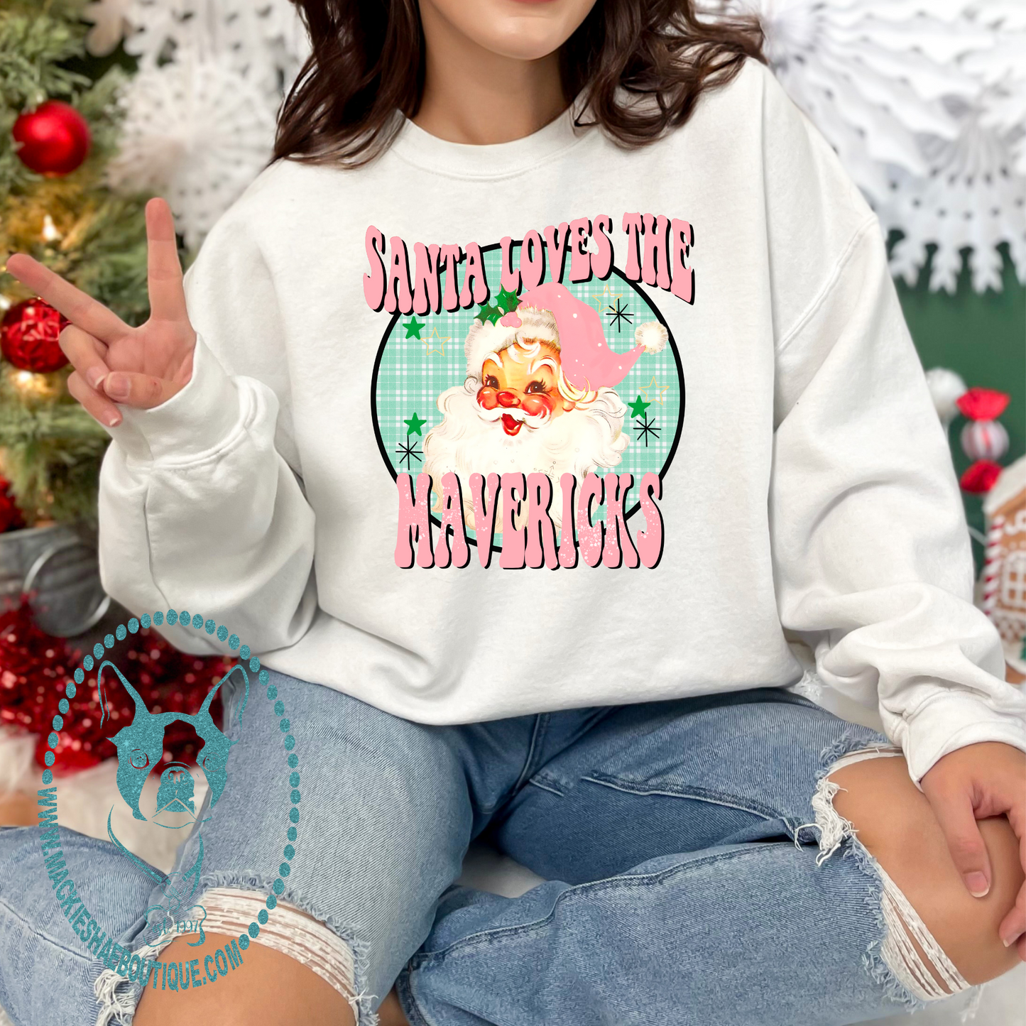 Santa Loves the Mavericks (PINK) Custom Shirt for Youth and Adults, Soft Tee & Crewneck Sweatshirt (Get Any Team)