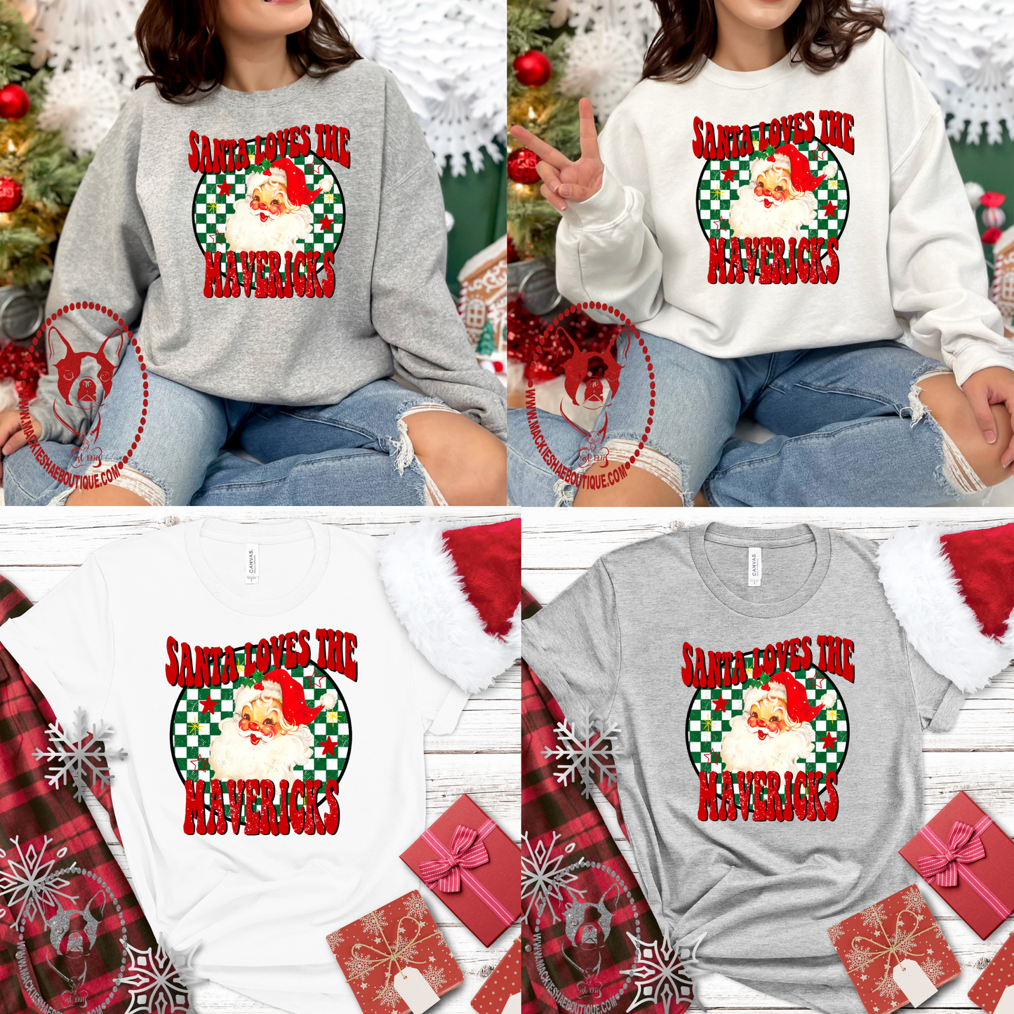 MSIS PTO-Santa Loves the Mavericks (RED) Soft Tee & Crewneck Sweatshirt for Youth and Adult