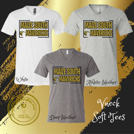 Mavs- Maize South Mavericks Vneck Soft Tee for Adults
