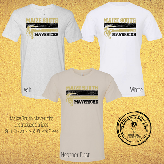 Mavs- Maize South Mavericks Distressed Stripes Soft Crewneck and Vneck Tee for Youth and Adults