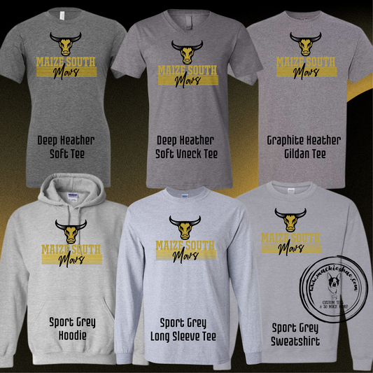 Mavs- Maize South Mavs with New Maverick GREY Gear for Youth and Adults (6 Shirt Options)