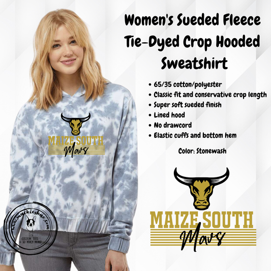 Mavs- Maize South Mavs with New Maverick Womens Stonewash Sueded Fleece Tie-Dyed Crop Hooded Sweatshirt