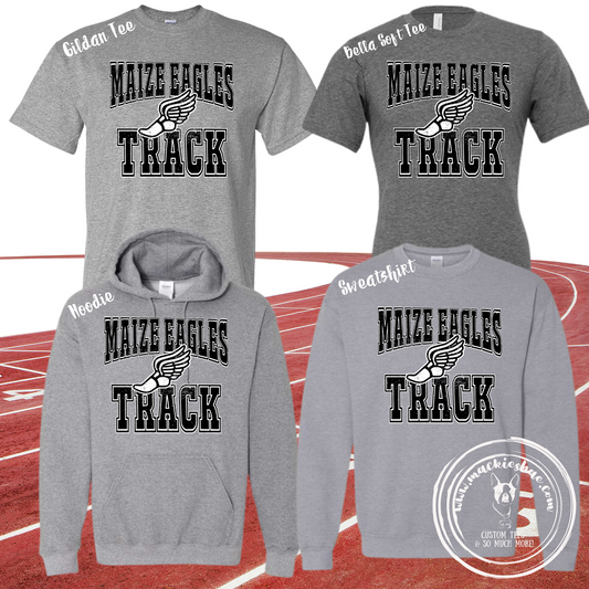 Maize Eagles Track Distressed Custom Shirt for Youth and Adults, Black and White Design on Greys