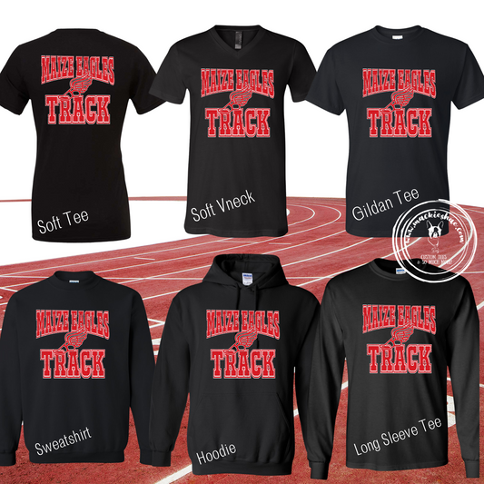 Maize Eagles Track Distressed Custom Shirt for Youth and Adults, Red and White Design on Black