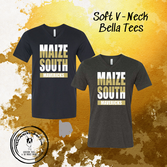 Mavs- Maize South Mavericks Bold Super Soft Triblend Vneck Bella Tee for Adults***RETIRING DESIGN