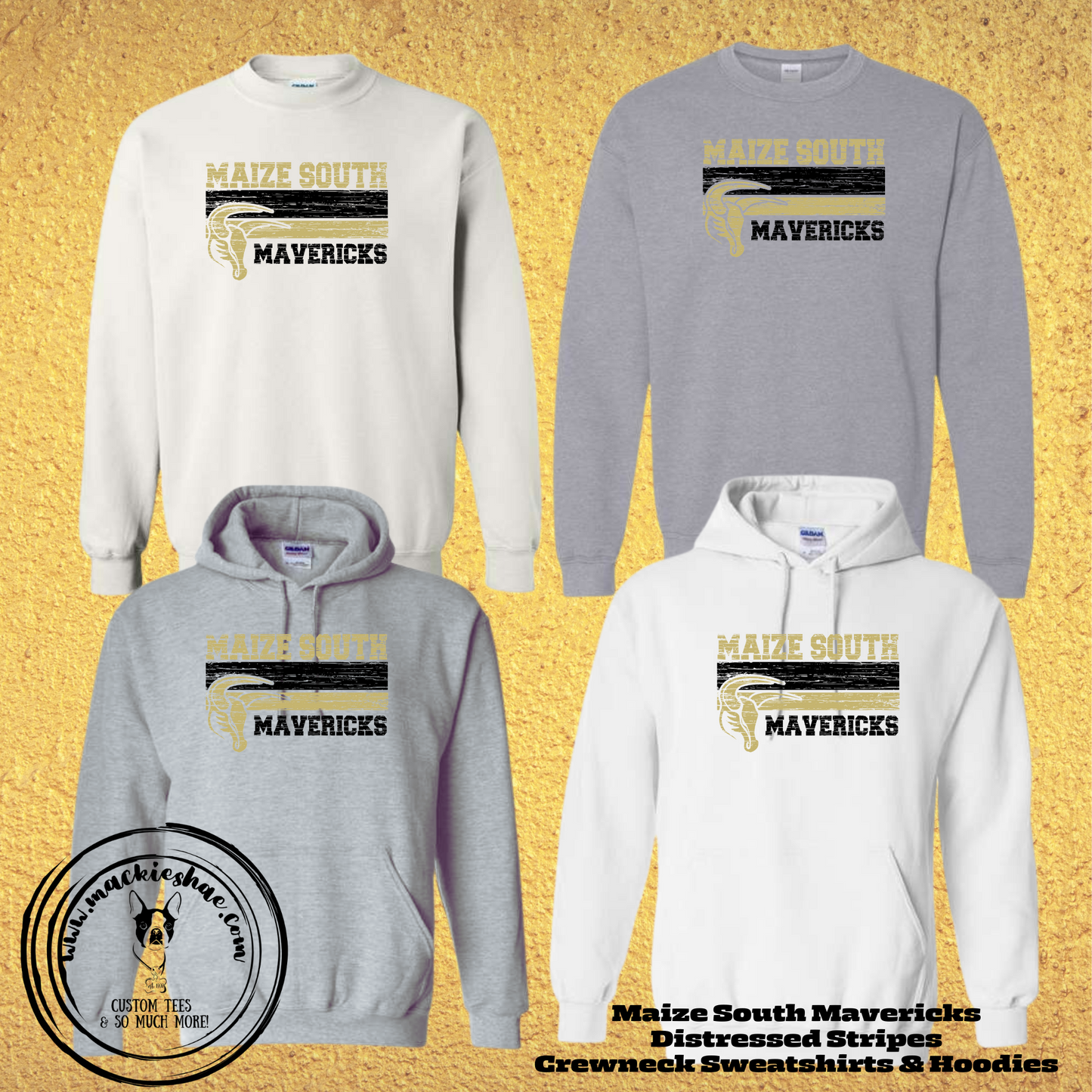 Mavs- Maize South Mavericks Distressed Stripes Crewneck Sweatshirt and Hoodie for Youth and Adults