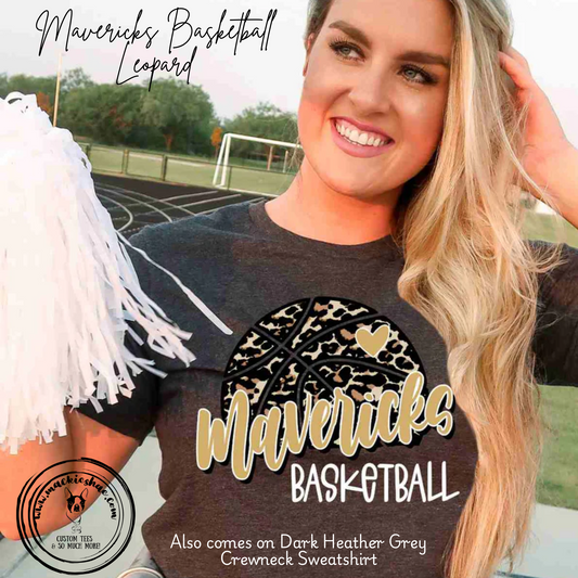 Mavericks Basketball Leopard Custom Shirt for Youth and Adults, Soft Short Sleeve Tee and Crewneck Sweatshirt
