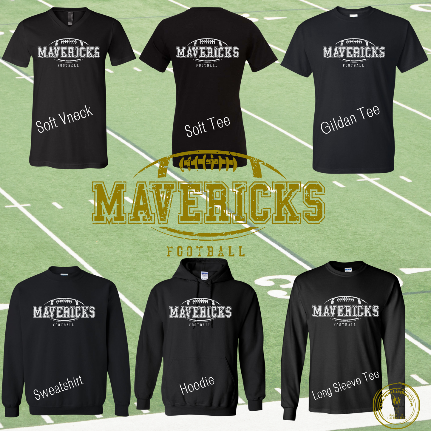 Mavs- Mavericks Football White Distressed Black Soft Tee and Sweatshirt