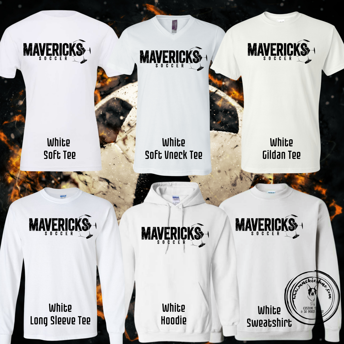 Mavericks Soccer Custom Shirt for Youth and Adults,  White Gear