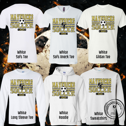 Mavericks Soccer 2025 Distressed with Maverick or Soccer Ball White Gear