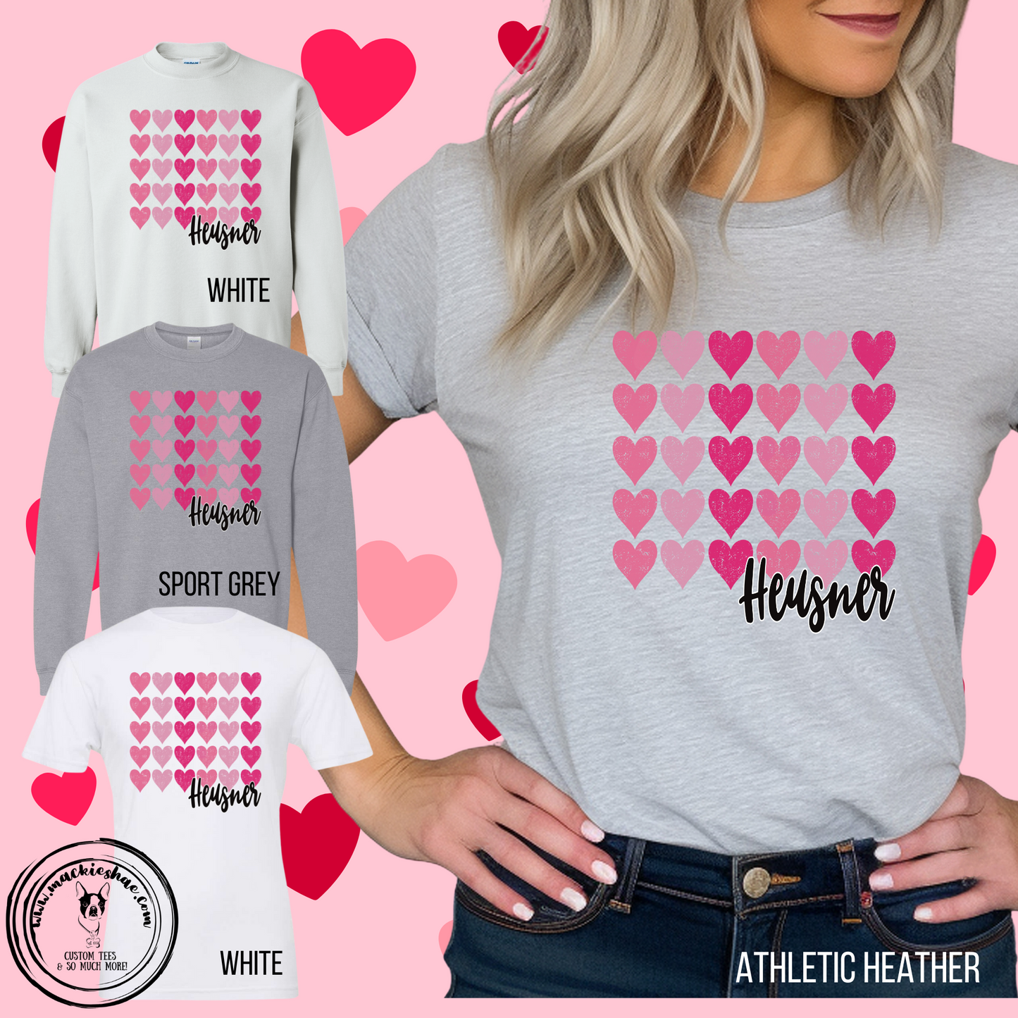 Shades of Hearts Heusner Custom Shirt for Kids and Adult, Soft Short Sleeve Tee and Crewneck Sweatshirt **Get this design for any team, school, misc