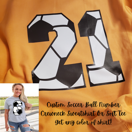 Soccer Ball Number Custom Shirt for Kids and Adults, Soft Tees and Crewneck Sweatshirts
