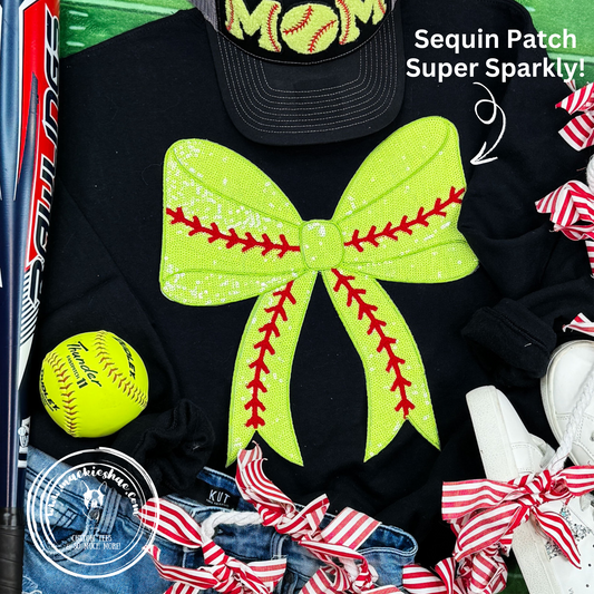 Softball Bow SEQUIN Patch Custom Shirt for kids and adults, Black Soft Tee