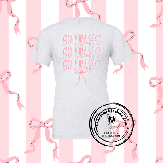 Goldbugs Pink Stacked Bow Custom Shirt for Kids and Adults, White Soft Short Sleeve Tee