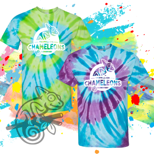 VES-Vermillion Chameleons Elementary Logo Tie Dye Short Sleeve Tee for Youth and Adults