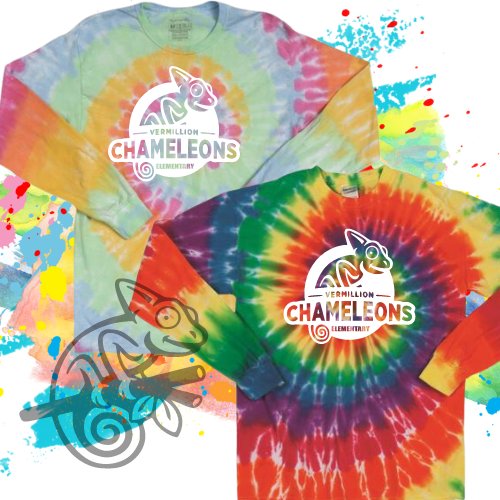 VES-Vermillion Chameleons Elementary Logo Tie Dye Long Sleeve Tee for Youth and Adults