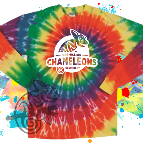 VES-Vermillion Chameleons Elementary Logo Tie Dye Long Sleeve Tee for Youth and Adults
