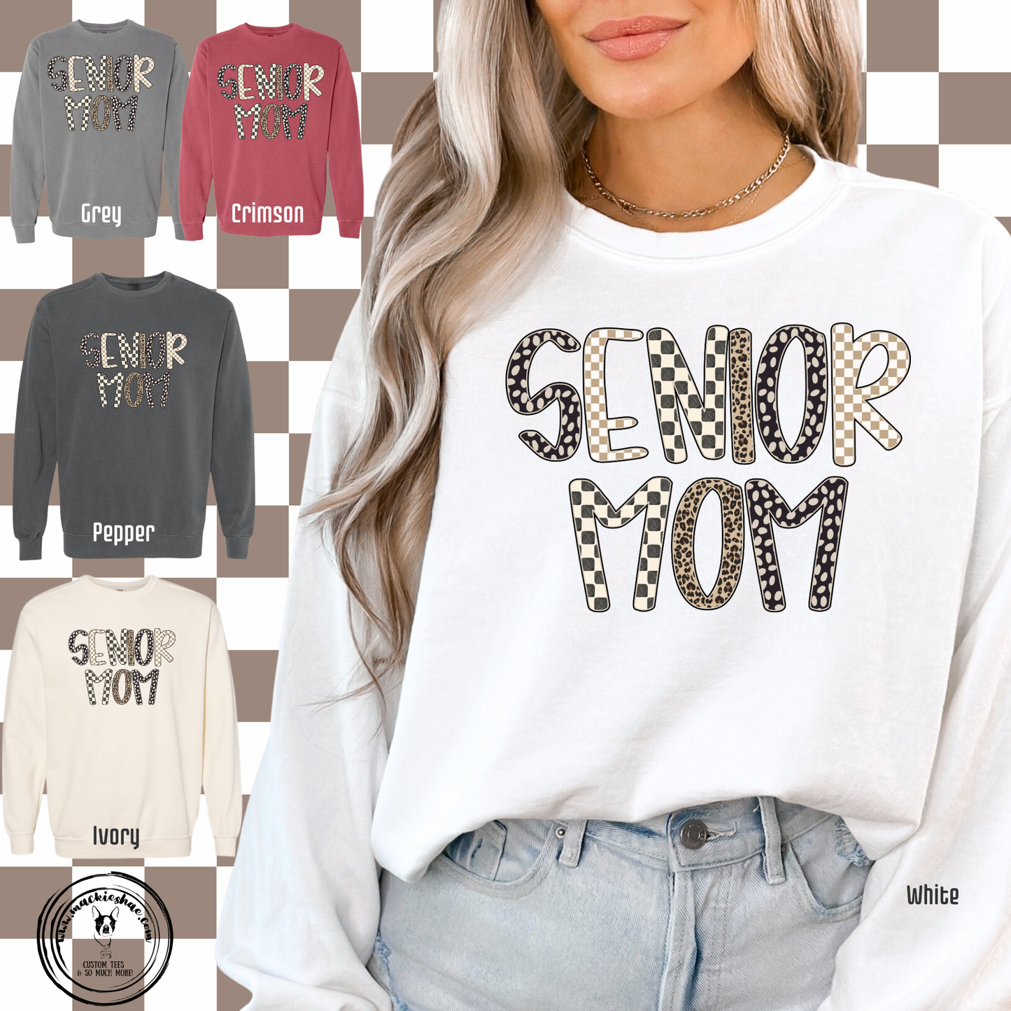 Senior Mom Leopard Checkered Custom Shirt, Comfort Colors Garment Dyed Unisex Crewneck Sweatshirt