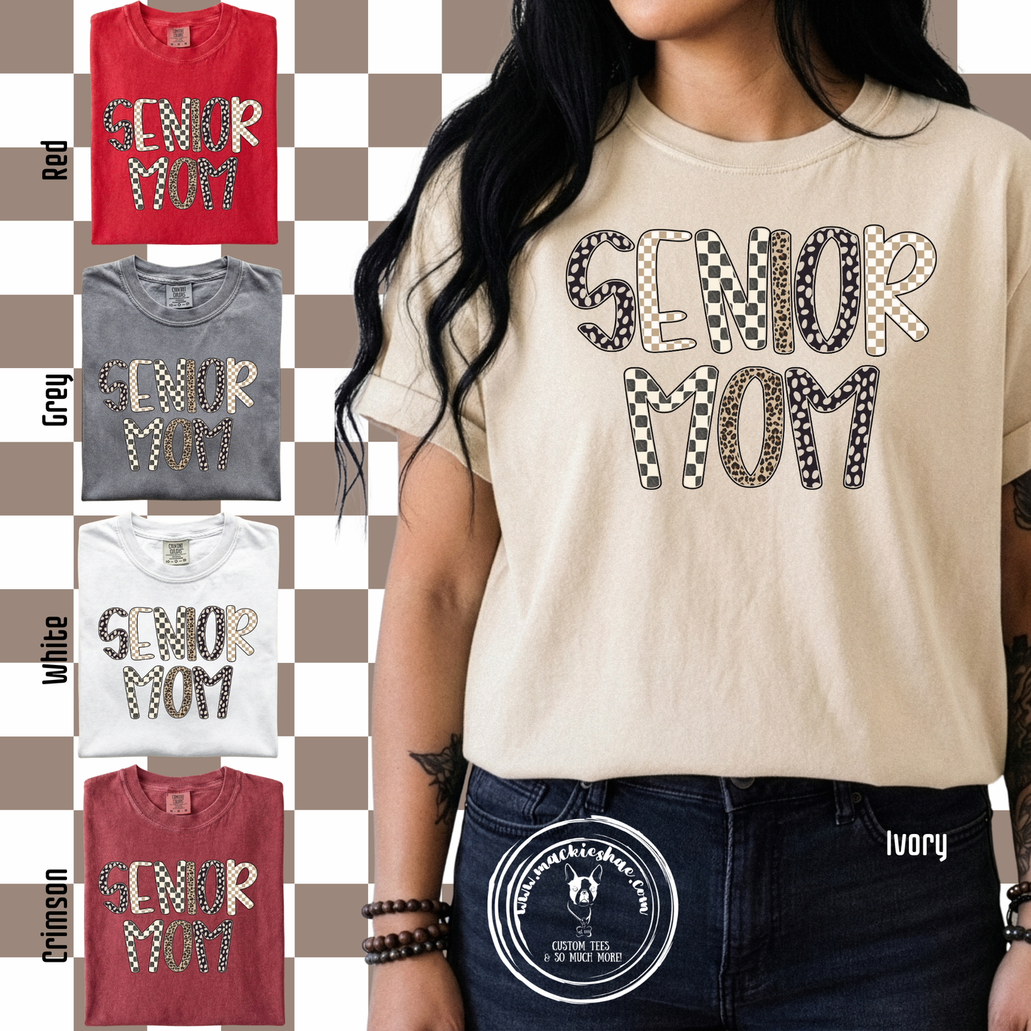 Senior Mom Leopard Checkered Custom Shirt, Comfort Colors Garment Dyed Unisex Tee