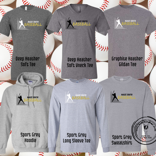 Maize South Baseball with Player Custom Shirt for Youth and Adults, Grey Gear