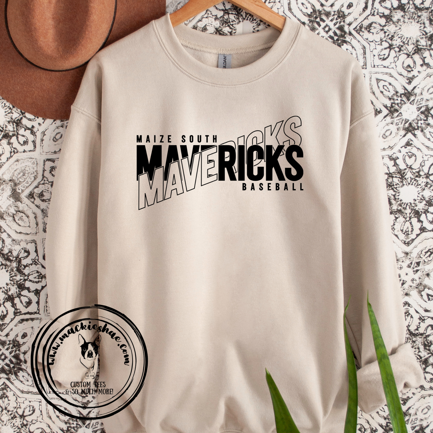 MSHS Baseball- Maize South Mavericks Baseball Crossed Sand Crewneck Sweatshirt (Adult Sizes only)