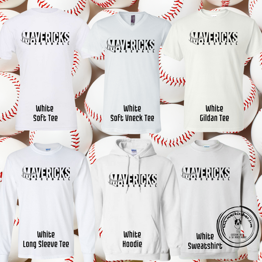 Mavericks Baseball Custom Shirt for Youth and Adults, White Gear