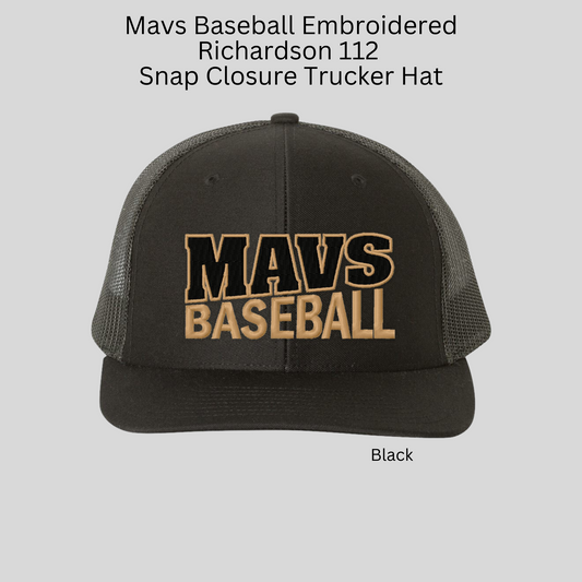 Mavs Baseball Embroidered Black Richardson 112 Snap Closure Trucker Hat