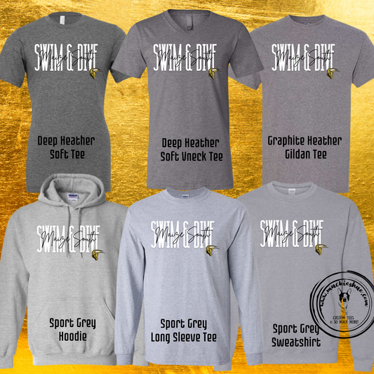 Maize South Swim & Dive with Mav Custom Shirts for Youth and Adults Grey Gear