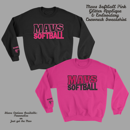 Mavs Softball GLITTER Applique Embroidered Blend Crewneck Sweatshirt PINK Options