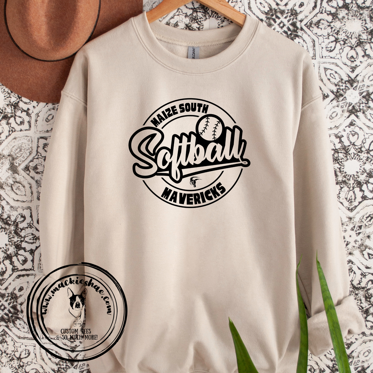 MSHS Softball- Maize South Mavericks Circle Sand Crewneck Sweatshirt (Adult Sizes only)