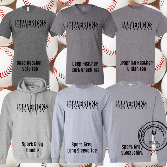 Mavericks Baseball Custom Shirt for Youth and Adults, Grey Gear
