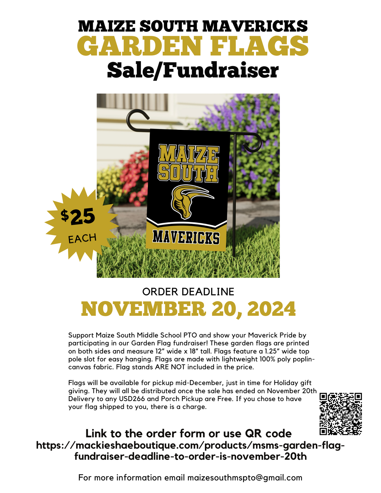 MSMS Garden Flag Fundraiser, Deadline to Order is November 20th