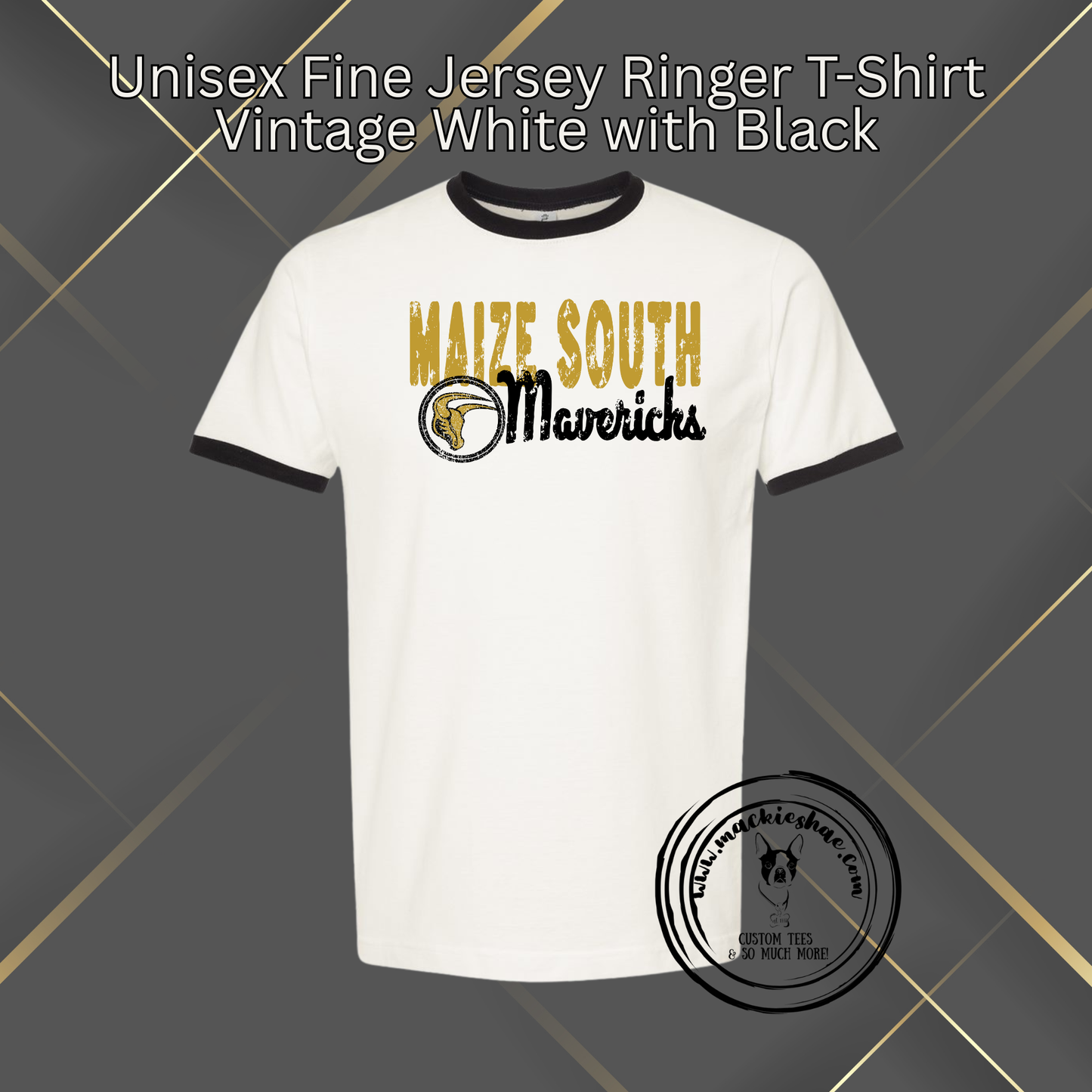 Mavs- Maize South Mavericks Circle Logo Distressed Vintage White with Black Jersey Ringer T-Shirt
