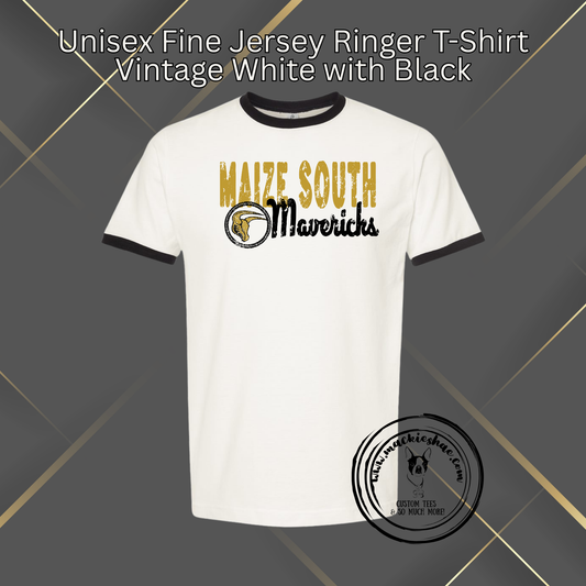 Mavs- Maize South Mavericks Circle Logo Distressed Vintage White with Black Jersey Ringer T-Shirt