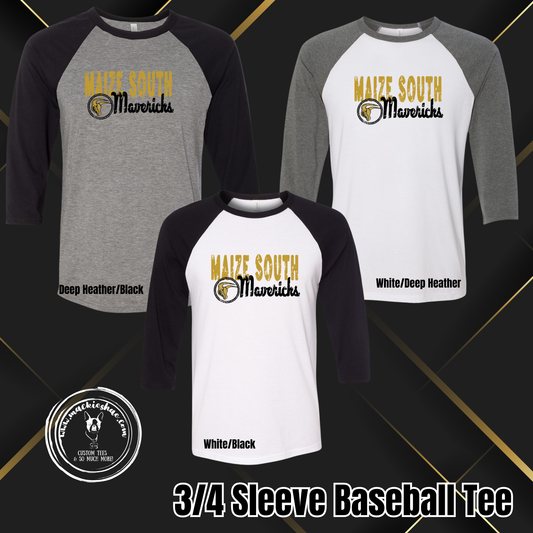 Mavs- Maize South Mavericks Circle Logo Distressed 3/4 Sleeve Baseball Tee