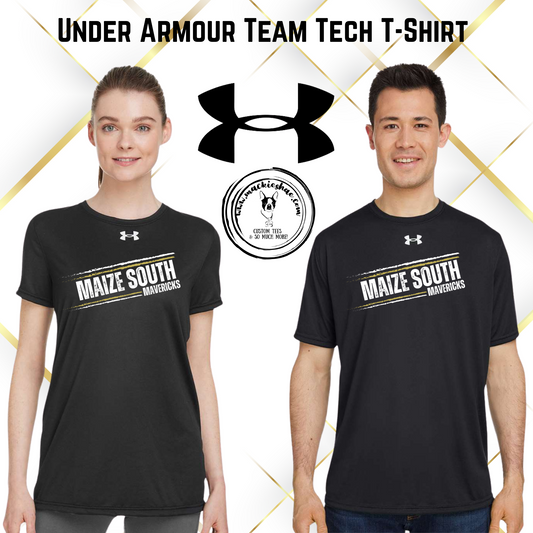 Mavs- Maize South Mavericks Slant Distressed Under Armour Men's and Women's Black Team Tech Tee