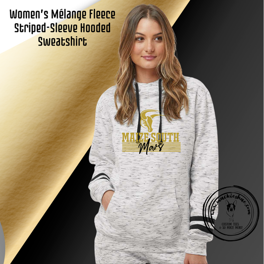 Mavs- Maize South Mavs Stripes with Logo Women’s Mélange Fleece Striped-Sleeve Hooded Sweatshirt