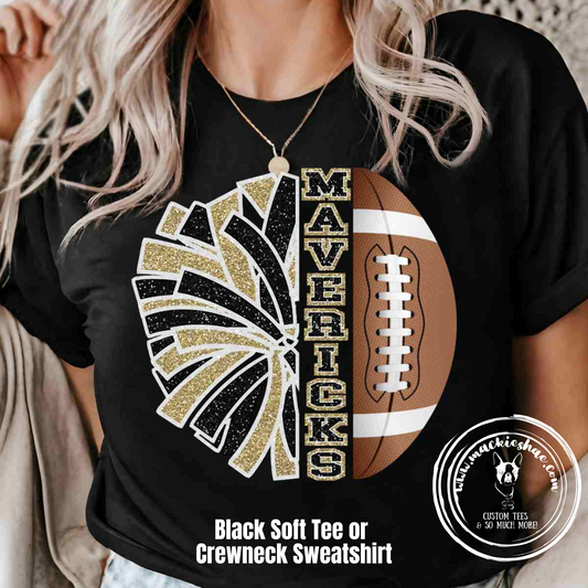 Mavs- Mavericks Cheer Pom and Football Black Soft Tee and Sweatshirt