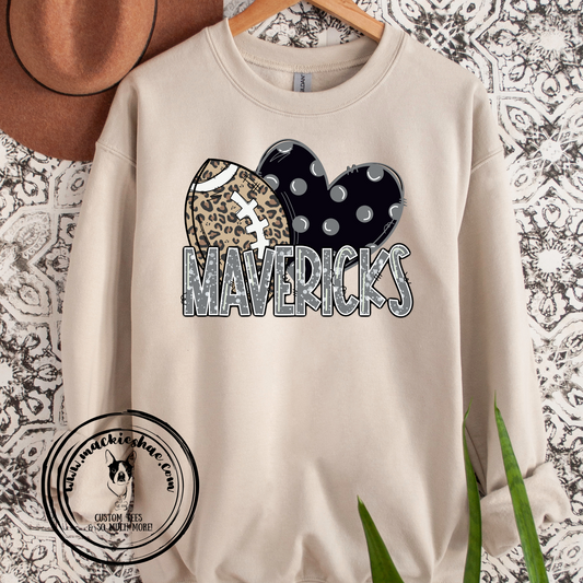 Mavs- Mavericks Football Black Polka Dot Heart Sand Crewneck Sweatshirt