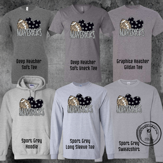 Mavs-  Mavericks Football Black Polka Dot Heart Grey Gear