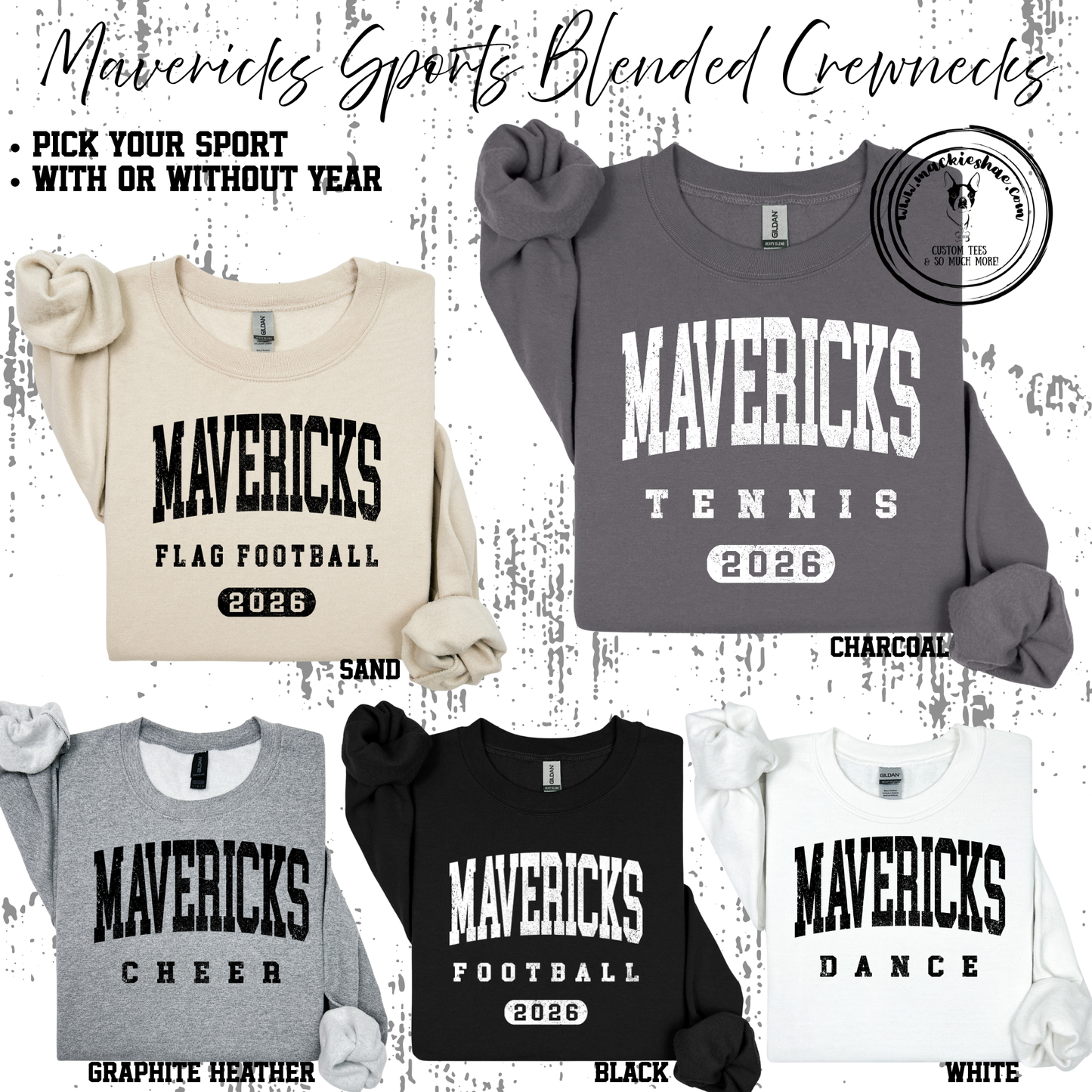Mavs- Mavericks Sports (with or without year) Blended Crewneck Sweatshirt, Pick your Sport!