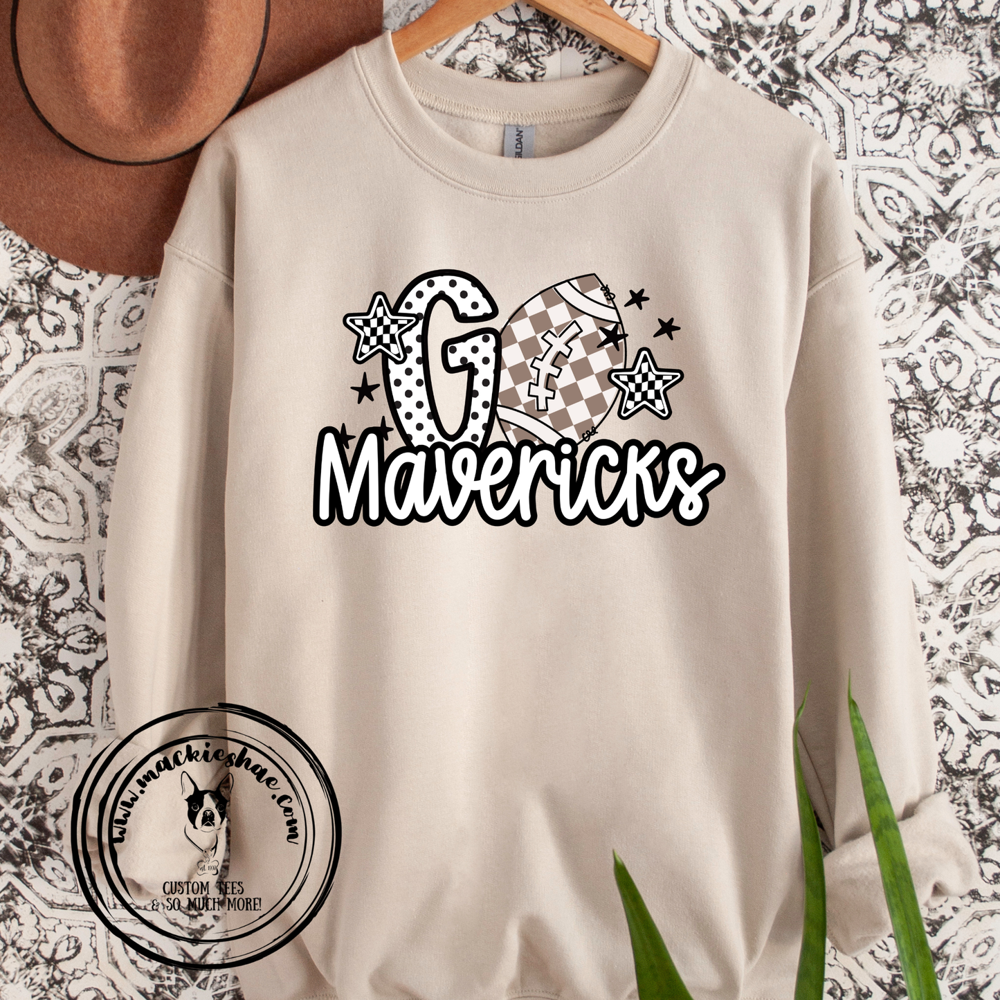 Mavs- Go Mavericks Football Polka Dot Checkered Sand Crewneck Sweatshirt