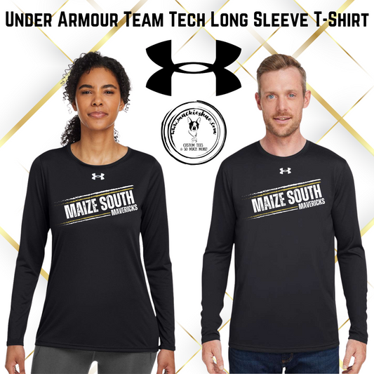 Mavs- Maize South Mavericks Slant Distressed Under Armour Men's and Women's Black Long Sleeve Team Tech Tee