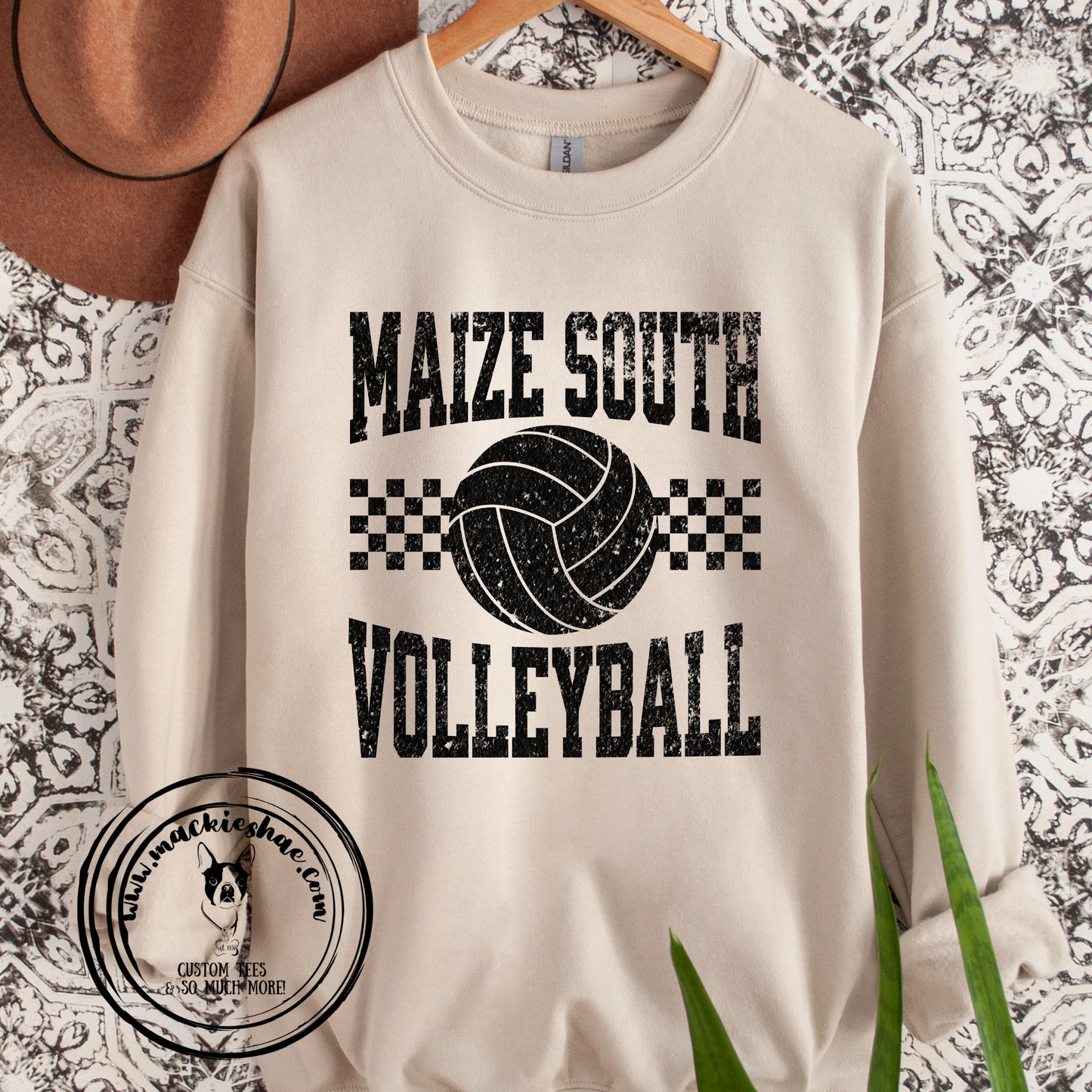 Mavs- Maize South Volleyball Checkered Sand Crewneck Sweatshirt