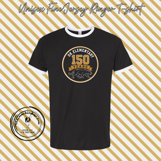 OK- OK Elementary 150 Years Circle Black with White Jersey Ringer Unisex Tee