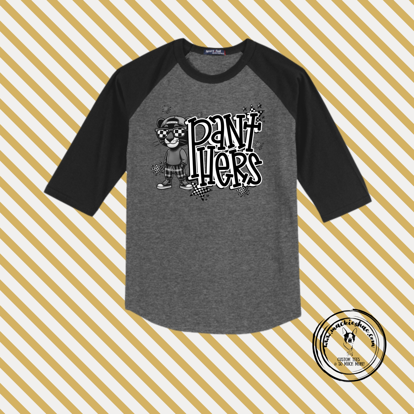 OK- Cool Panthers Dark Heather Grey with Black 3/4 Sleeve Colorblock Raglan