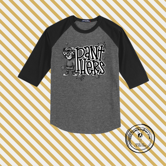 OK- Cool Panthers Dark Heather Grey with Black 3/4 Sleeve Colorblock Raglan