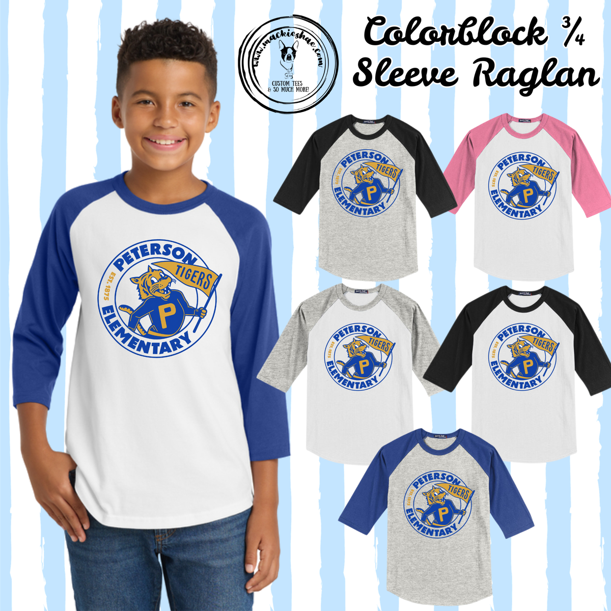 Peterson Elementary- Tigers Est 1875 Colorblock 3/4 Sleeve Raglan