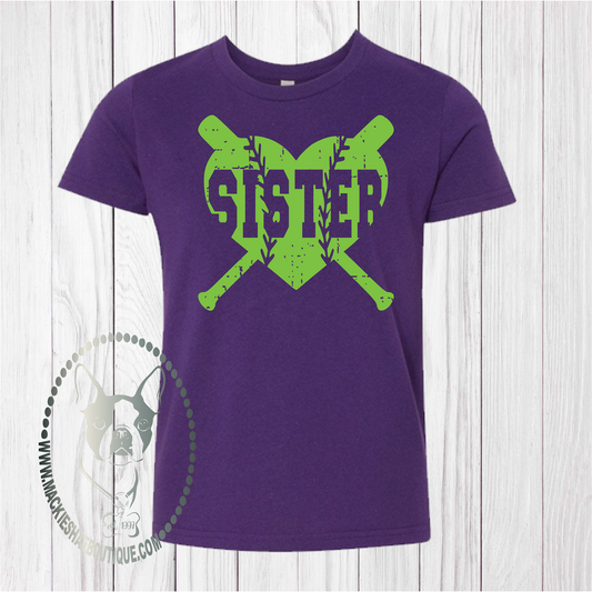 Baseball/Softball Sister Heart Custom Shirt for Kids, Short-Sleeve